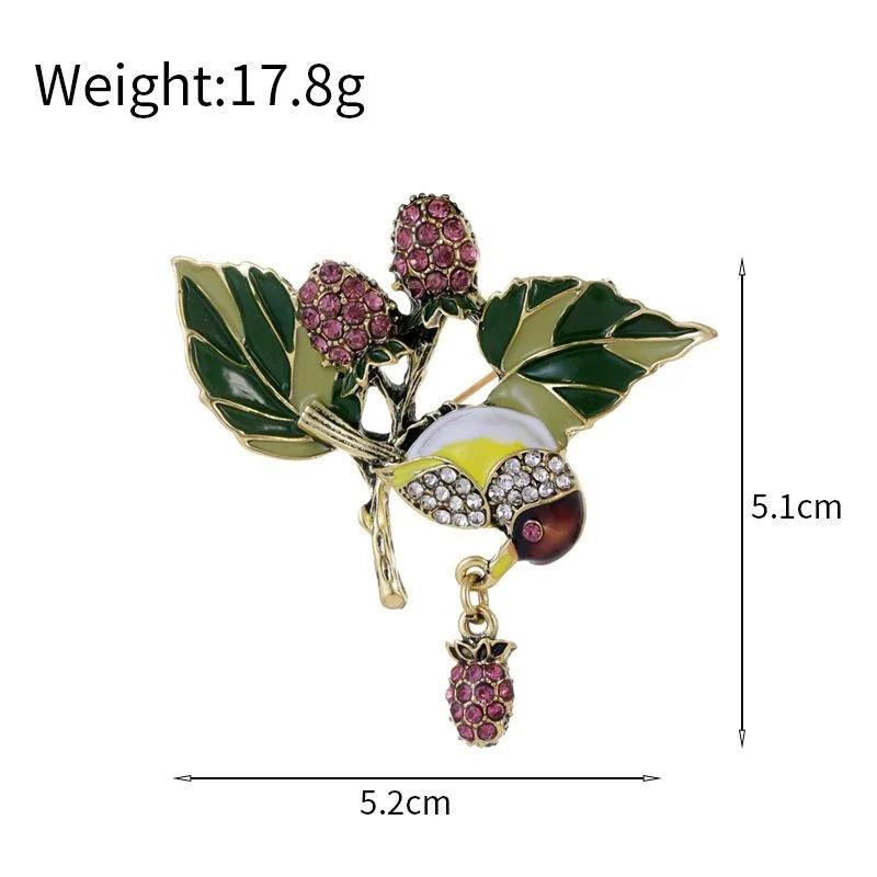 Vintage Enamel Magpie And Strawberry Rhinestone Brooch, Elegant Fruit Bird Lapel Pin Suit Accessory Gift
