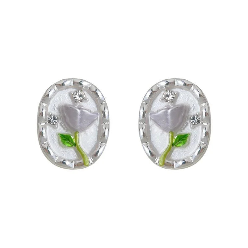 Fresh Sweet Hand Painted Enamel Tulip Flower Eco Copper Stud Earrings For Women Daily Commute