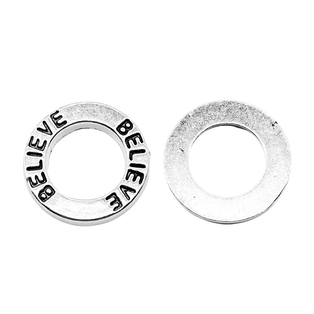 14mm 1.1g Antique Silver Zinc Alloy Believe Round Ring Letter Charm Pendant for DIY Bracelet Necklace