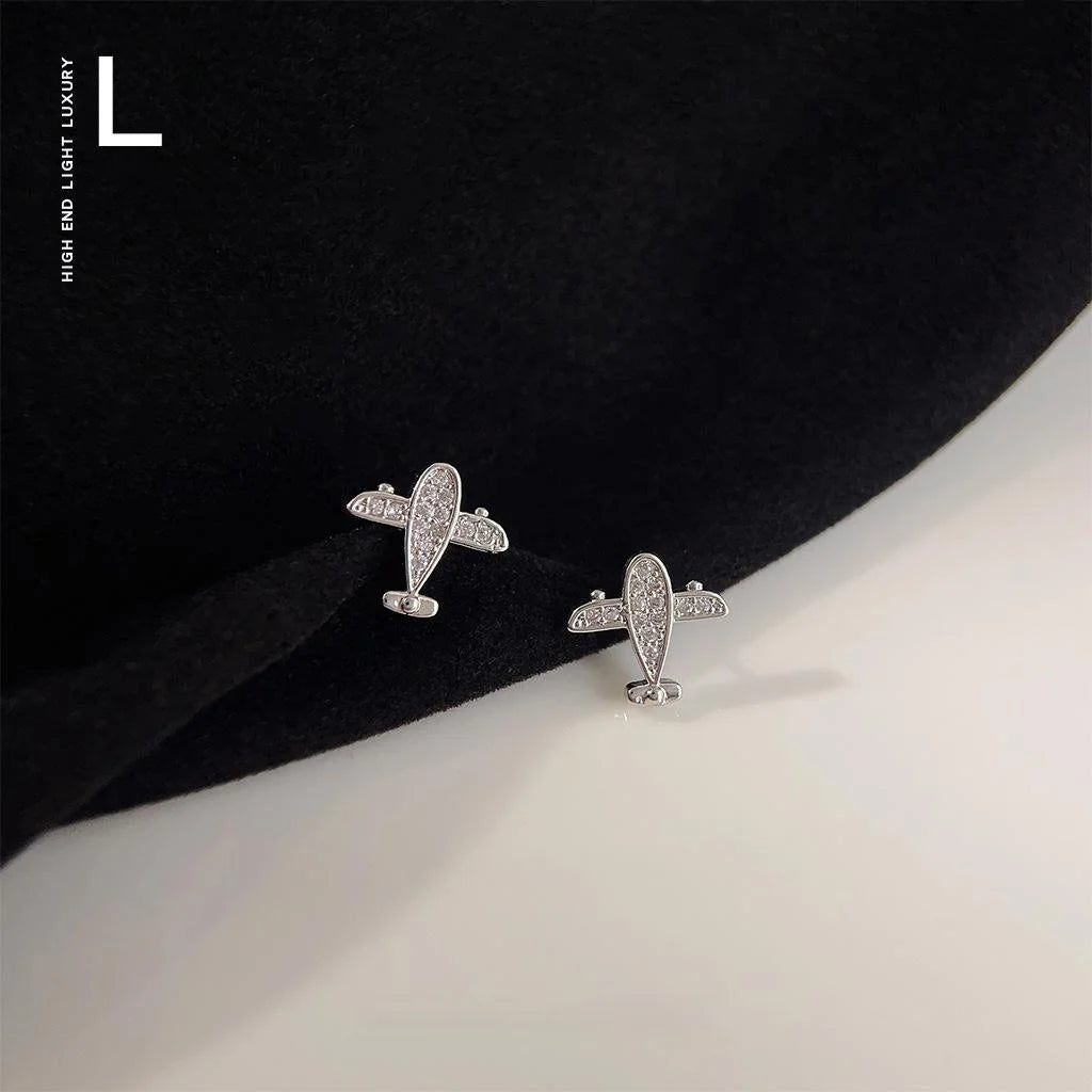 Micro Pave Zircon Mini Airplane Stud Earrings Copper Geometric Quirky Commuter Jewelry