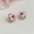 Monet Garden French Vintage Tulip Flower Stud Earrings With Pearl And Glass Crystal