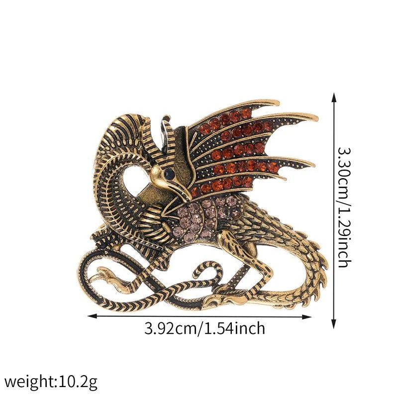 Vintage Rhinestone Pterosaur Dinosaur Brooch, Antique Gold Alloy Winged Dragon Lapel Pin Suit Accessory