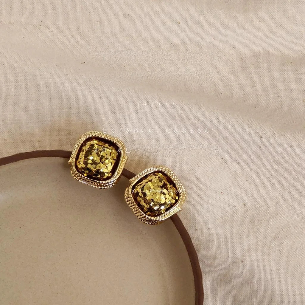 Vintage Palace Style Square Gold Copper Stud Earrings And 14K Plated Finish