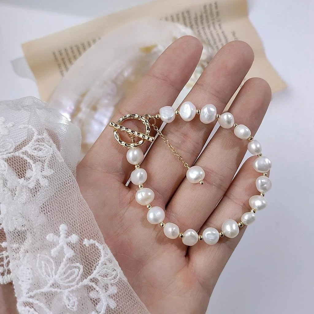 14K Gold Plated Irregular Baroque Natural Freshwater Pearl Vintage Geometric Bracelet