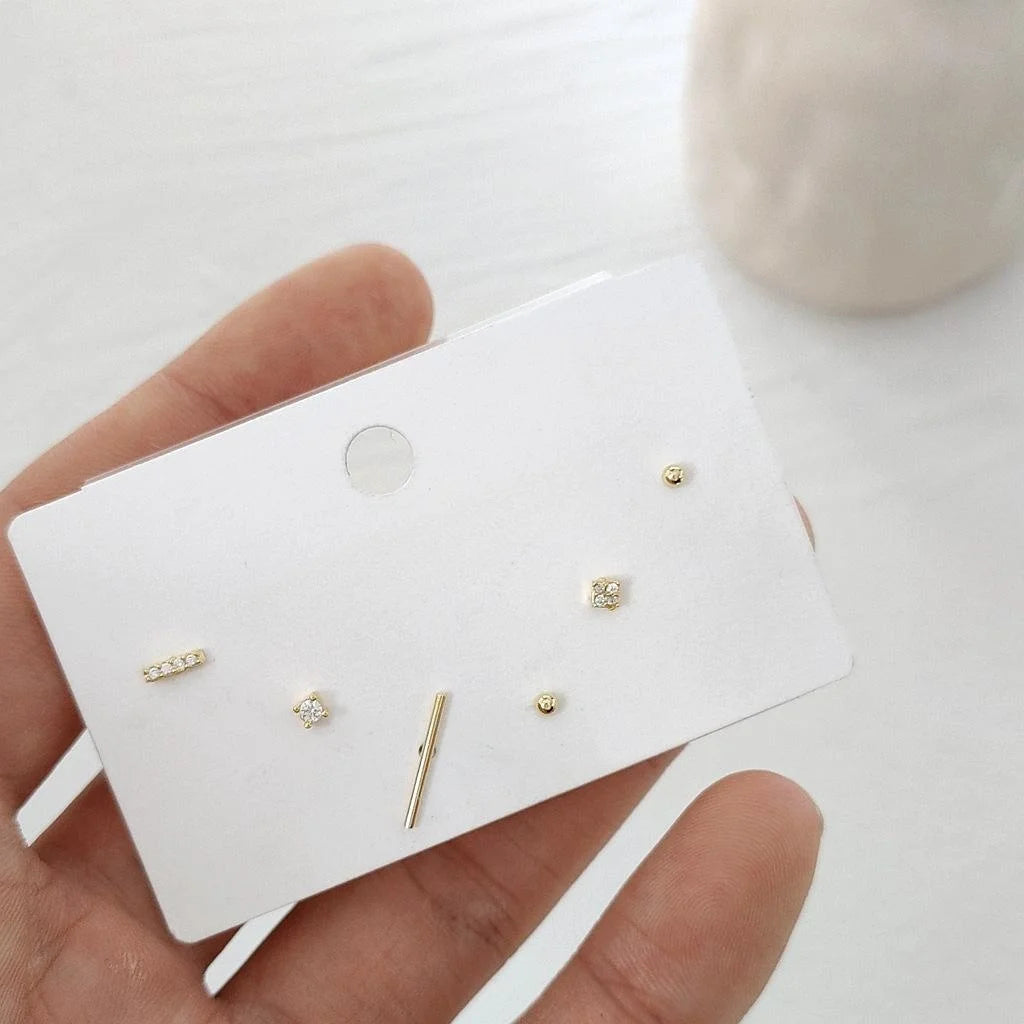 14K Gold Plated Copper Micro Pave Zircon Geometric Polka Dot Mini Stud Earrings 6 Piece