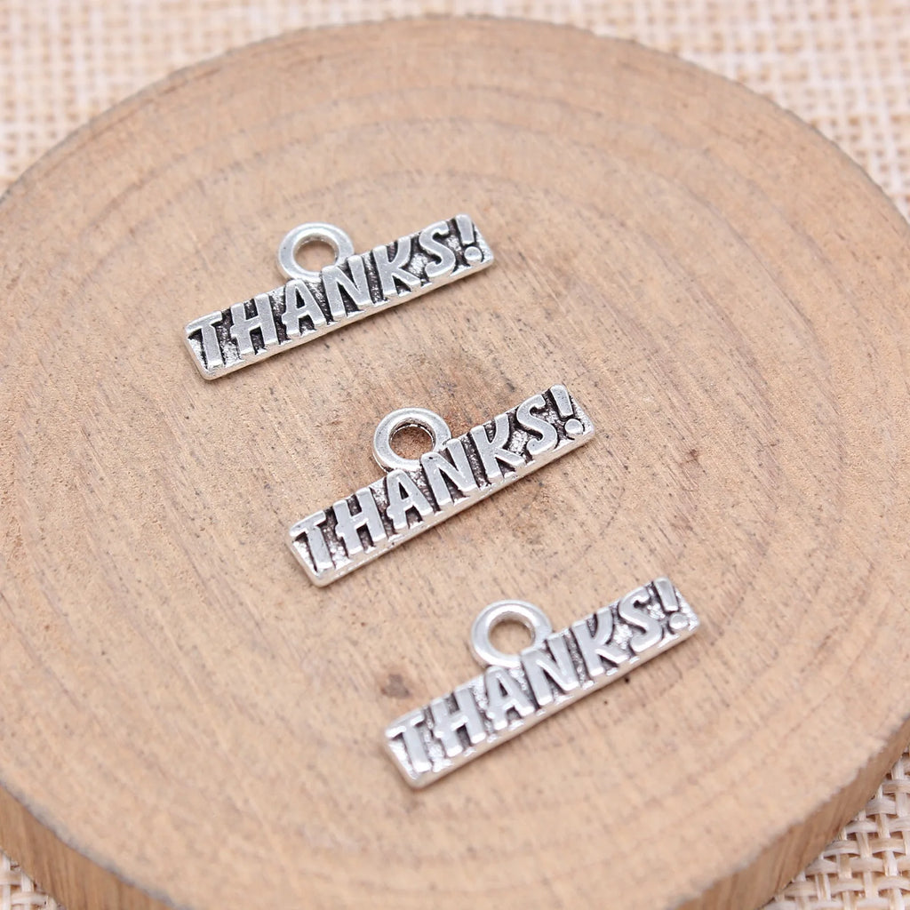 8x19mm 0.8g Antique Silver Zinc Alloy THANKS Word Tag Charm Pendant for DIY Jewelry Making