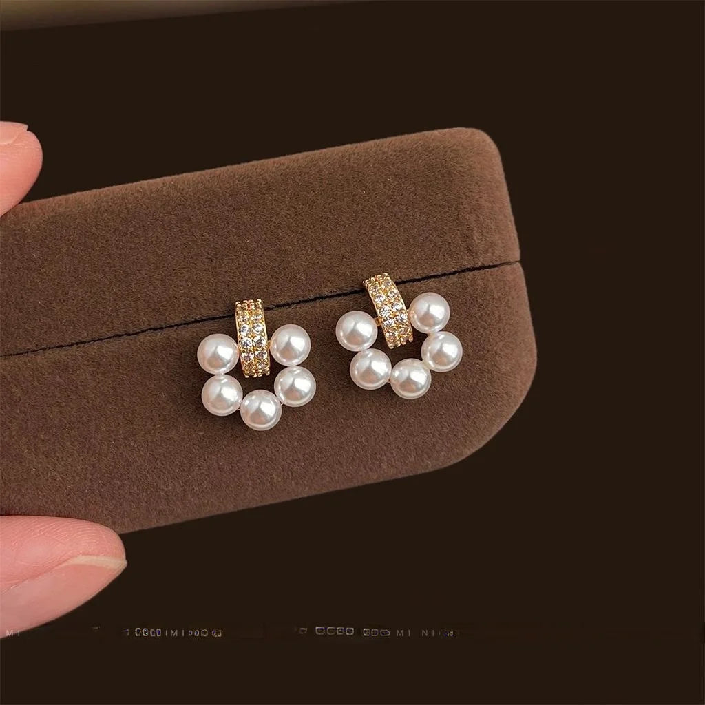 French Elegant Eco Copper Micro Pave Zircon Flower Round Pearl Stud Earrings For Women