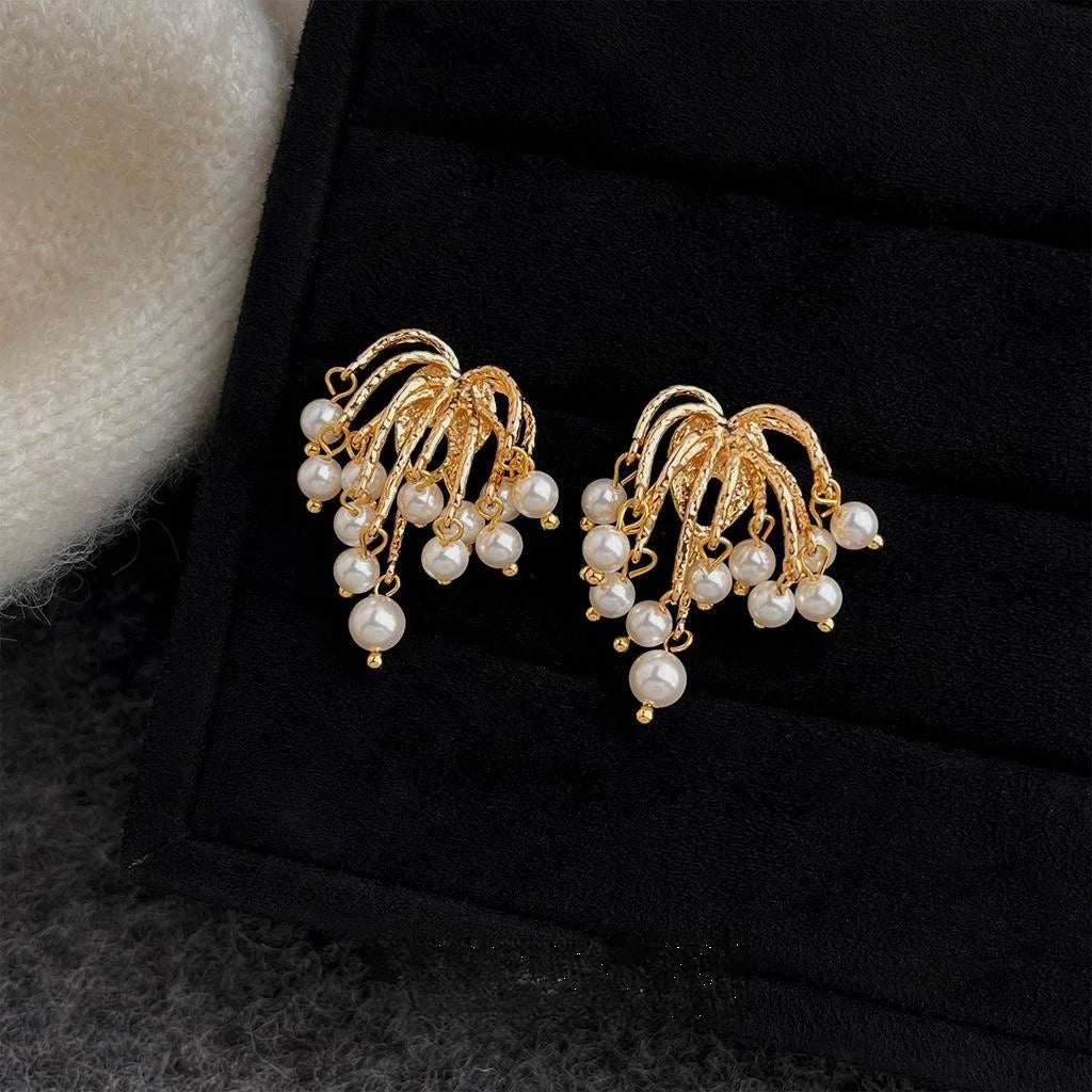 French Vintage Firework Tassel Pearl Drop Earrings For Women
