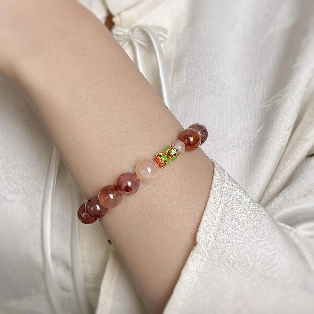 Natural Red Garden Quartz Crystal Beaded Bracelet Light Luxury Geometric Round Stone Jewelry