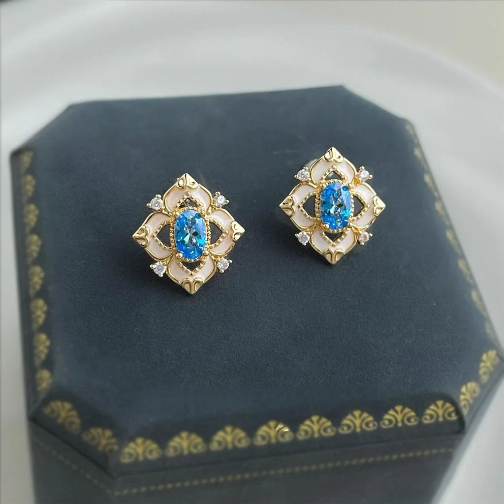 Light Luxury Aquamarine Enamel Floral Geometric Zircon Copper Stud Earrings