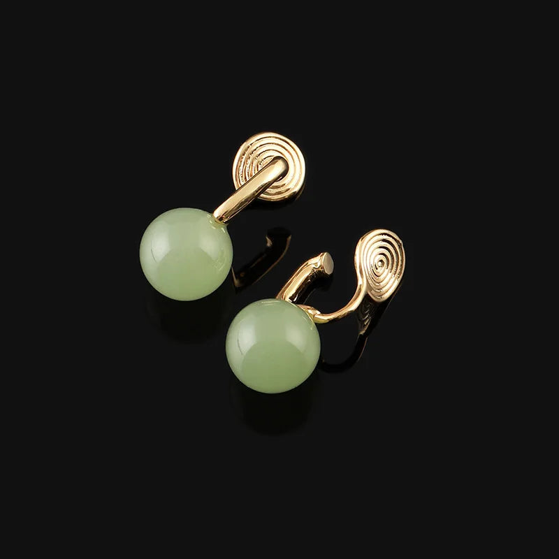 Vintage Chinese Style Green Agate Bead Gold Alloy Spiral Disc Stud & Clip On No Piercing Earrings