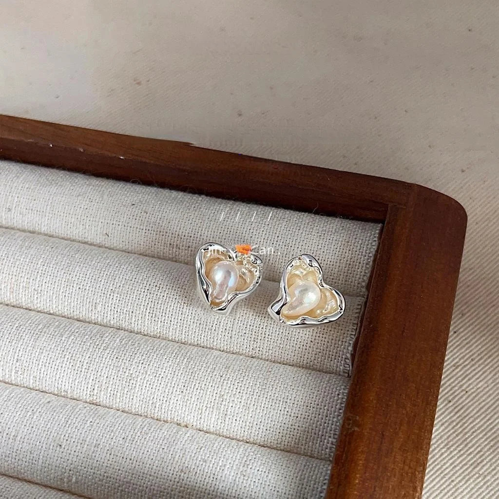 Luxury Irregular Freshwater Pearl 14K Gold Plated Heart Stud Earrings for Women