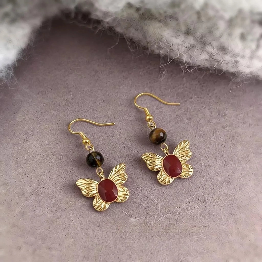 Vintage Hong Kong Style Burgundy Enamel Butterfly Tiger Eye Stone Drop Earrings for Women