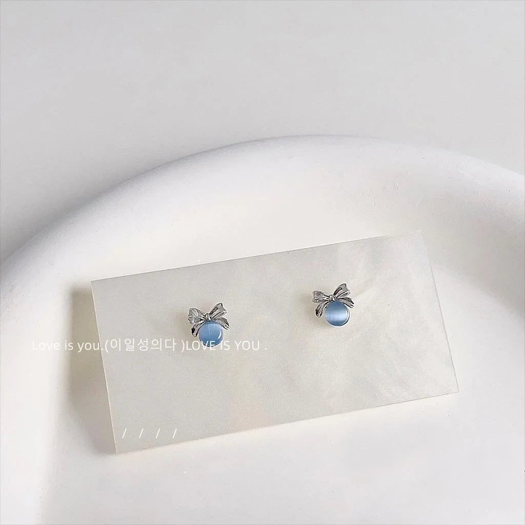 Cute Mini Blue Glass Cat Eye Bow Stud Earrings Silver Plated Copper Sweet Simple Jewelry