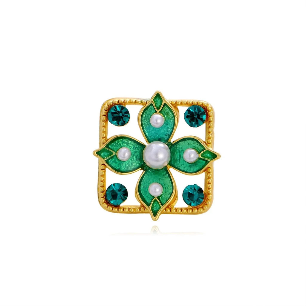 Vintage Green Enamel Flower Brooch With Faux Pearls And Rhinestones, Elegant Lapel Pin Suit Accessory
