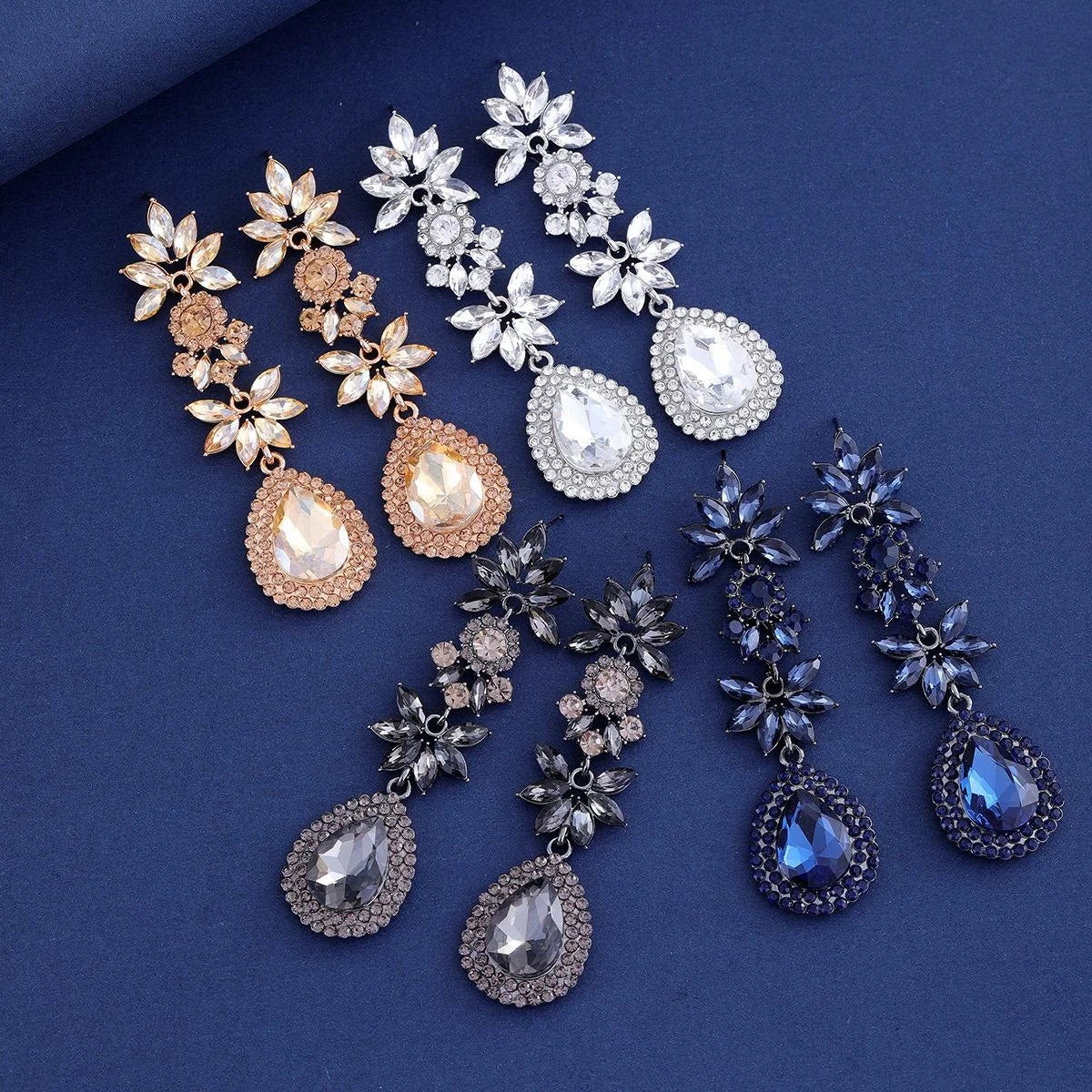 Luxury Blue Crystal Rhinestone Teardrop Flower Dangle Earrings, Alloy Statement Jewelry For Wedding Banquet