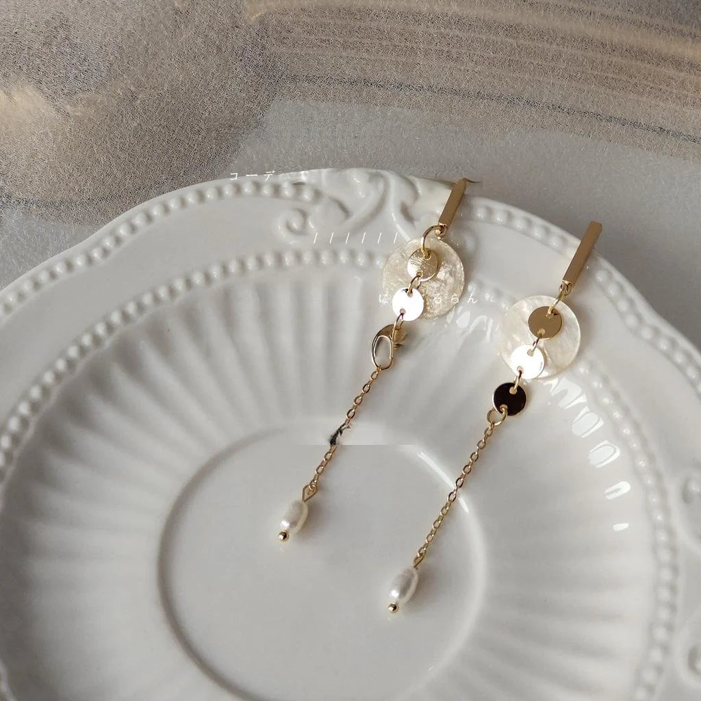14K Plated Freshwater Pearl Long Tassel Drop Earrings Handmade Korean Style Jewelry