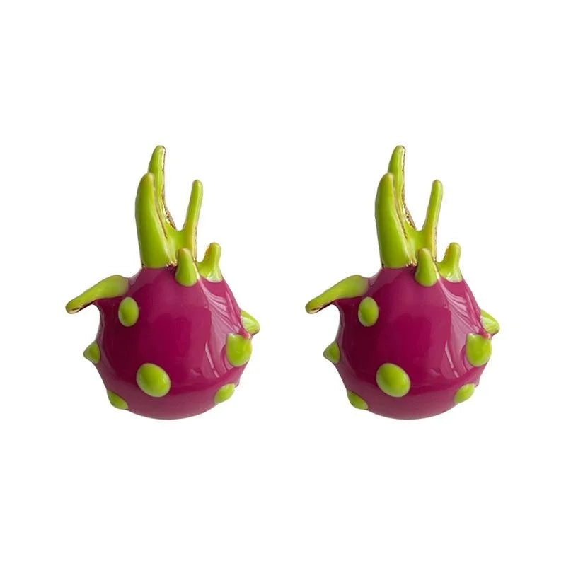 Sweet Dragon Fruit Enamel Copper Stud Earrings Trendy Geometric Fruit Jewelry