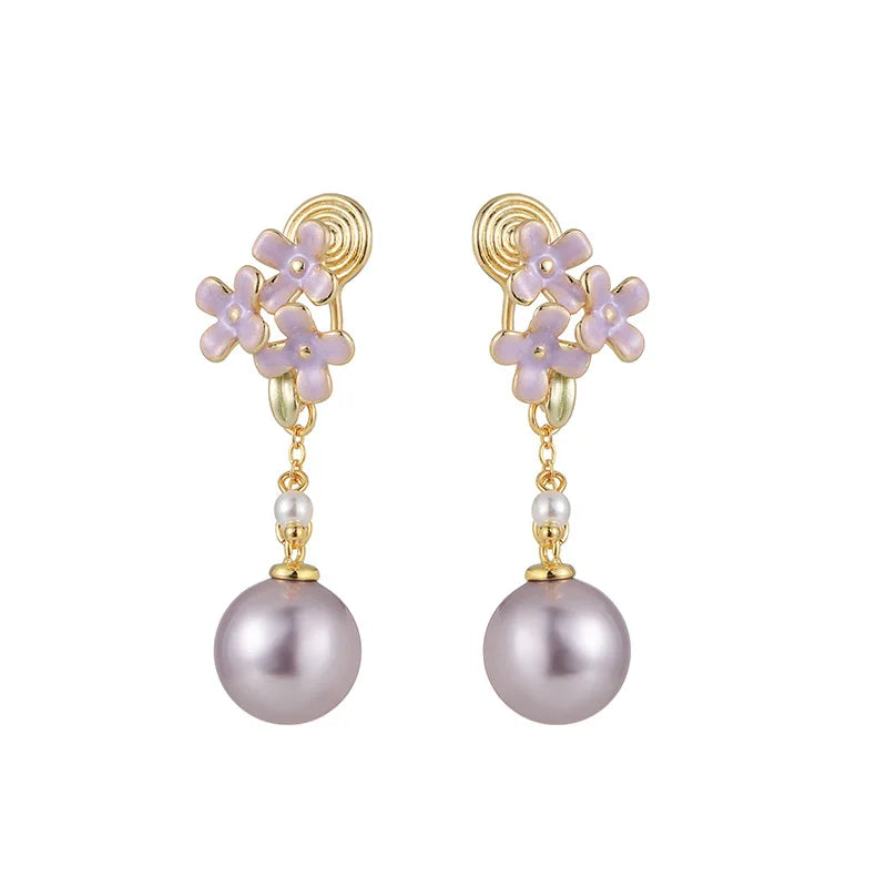 Elegant Purple Enamel Flower Spiral Pearl Drop Alloy Stud & Clip On No Piercing Fashion Earrings