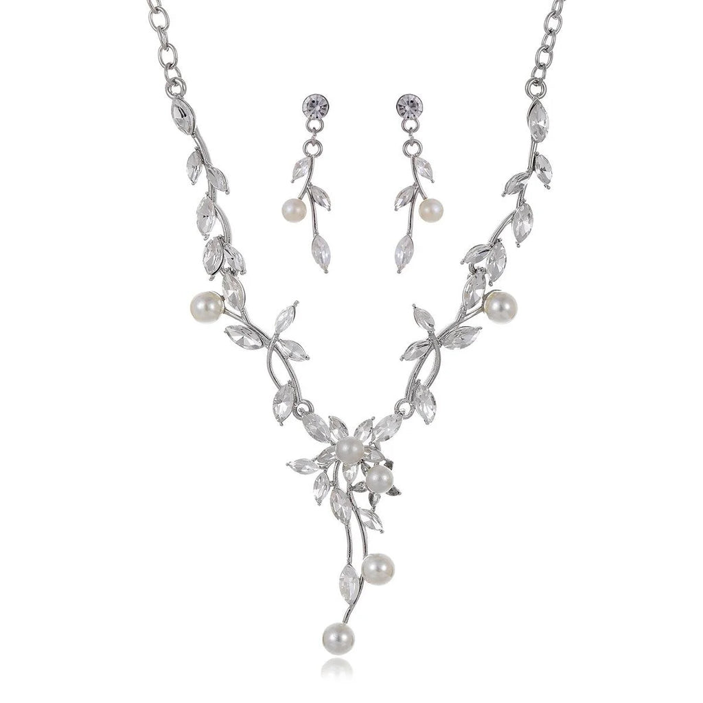 Elegant Bridal Zircon Crystal Pearl Vine Necklace And Earrings Jewelry Set For Wedding Party Gift