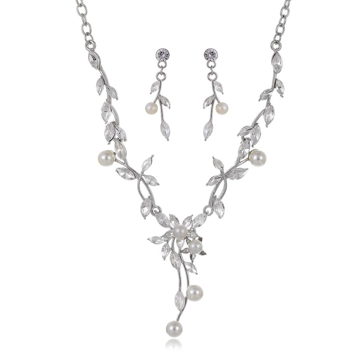 Elegant Bridal Zircon Crystal Pearl Vine Necklace And Earrings Jewelry Set For Wedding Party Gift