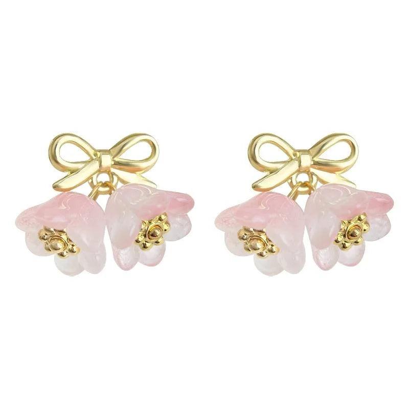 Sweet Lily Of The Valley Bow Drop Earrings Copper Glass Handmade Floral Designer Jewelry
