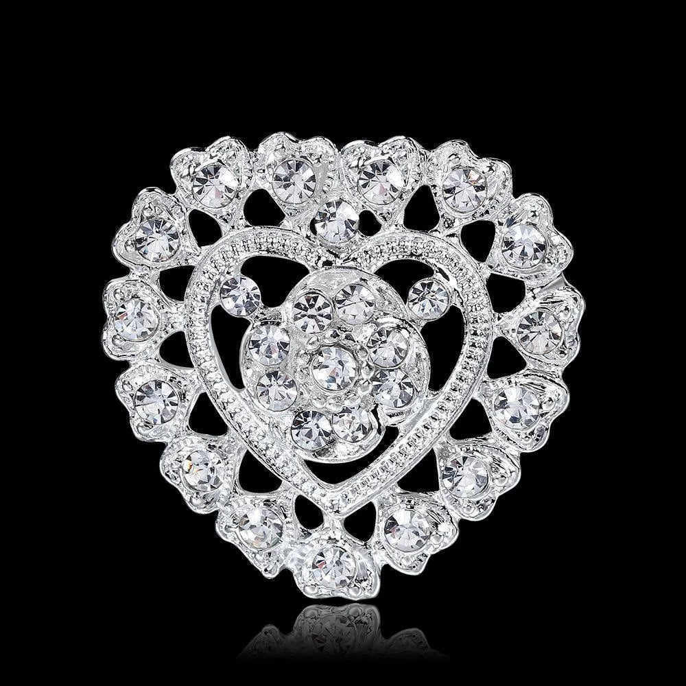 Elegant Korean Style Heart Rhinestone Brooch, Silver Alloy Zircon Lapel Pin Corsage For Women's Suit Gift