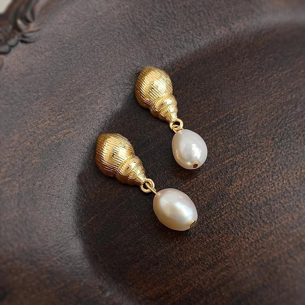 Freshwater Pearl 14K Plated Conch Drop Earrings Ocean Style Designer Jewelry