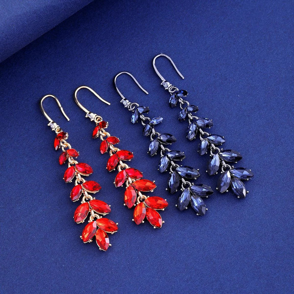 Elegant Long Crystal Leaf Tassel Earrings, Silver Alloy Rhinestone Floral Dangle Jewelry For Wedding Party