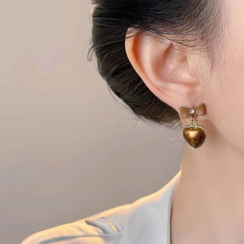 Maillard Brown Earth Tone Bow Heart Tassel Drop Earrings With Resin Rhinestone Copper Enamel