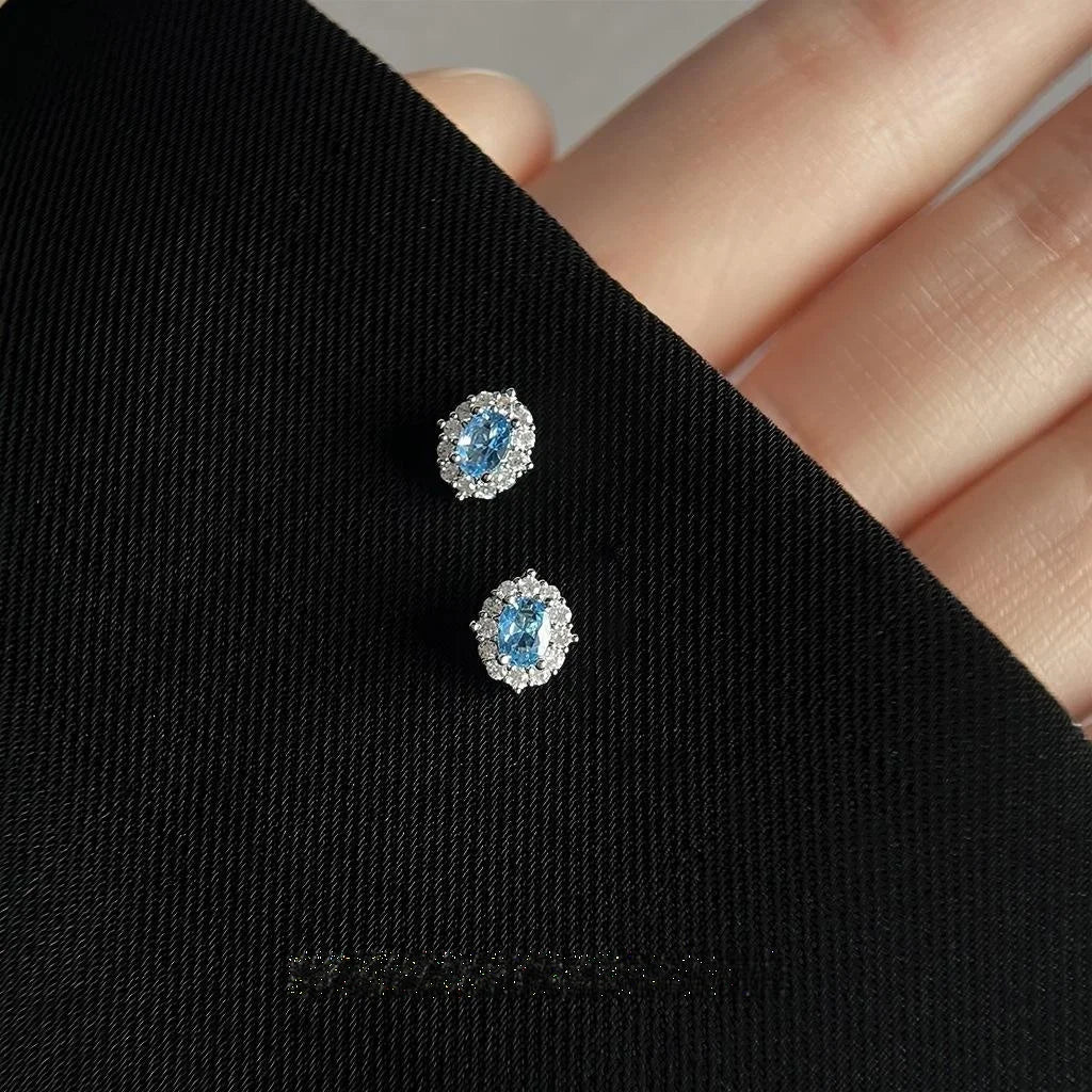 Silver Plated Copper Aquamarine Zircon Oval Stud Earrings, Simple Geometric Light Luxury Jewelry