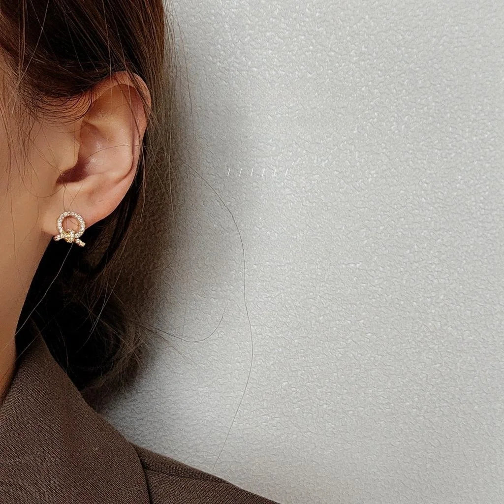 14K Plated Copper Rope Knot Geometric Zircon Stud Earrings, Mini Minimalist Korean Style