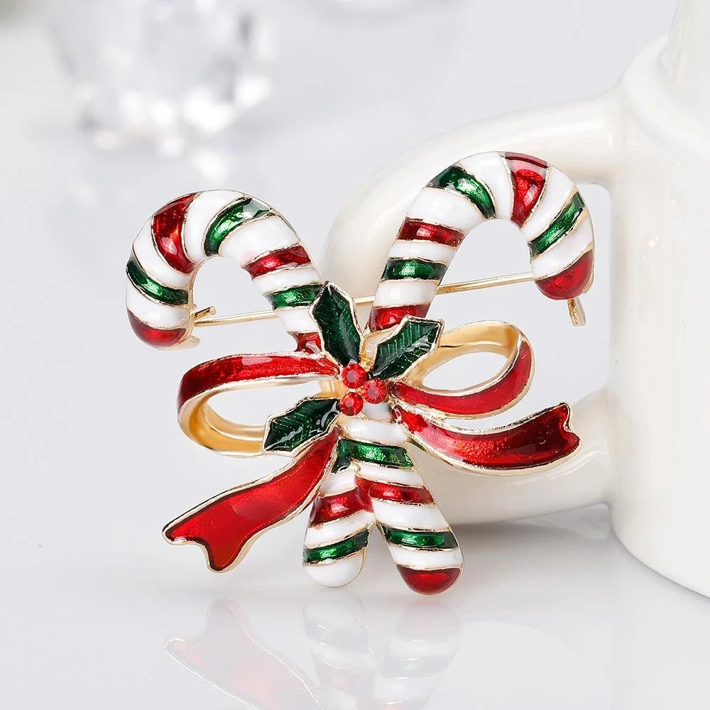 Elegant Christmas Double Candy Cane Enamel Brooch With Rhinestone Holly, Festive Lapel Pin Corsage Gift