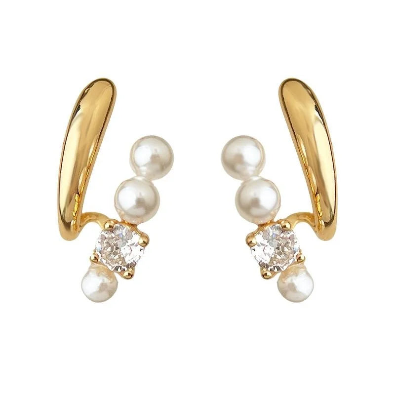 14K Gold Plated Copper Micro Pave Zircon Pearl Stud Earrings U Shape Geometric Minimalist Jewelry