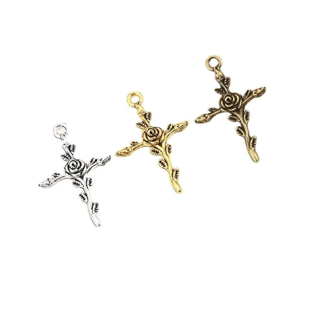 35x24MM Zinc Alloy Rose Cross Charm Pendant for DIY Necklace Bracelet Jewelry Making