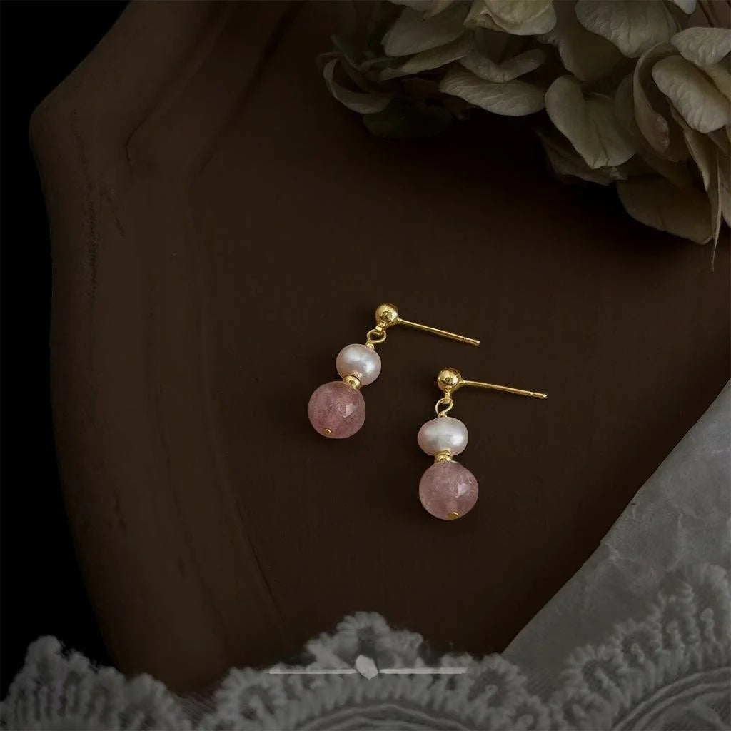 Handmade Strawberry Quartz Pearl Geometric Stud Earrings 14K Gold Plated Minimalist Jewelry