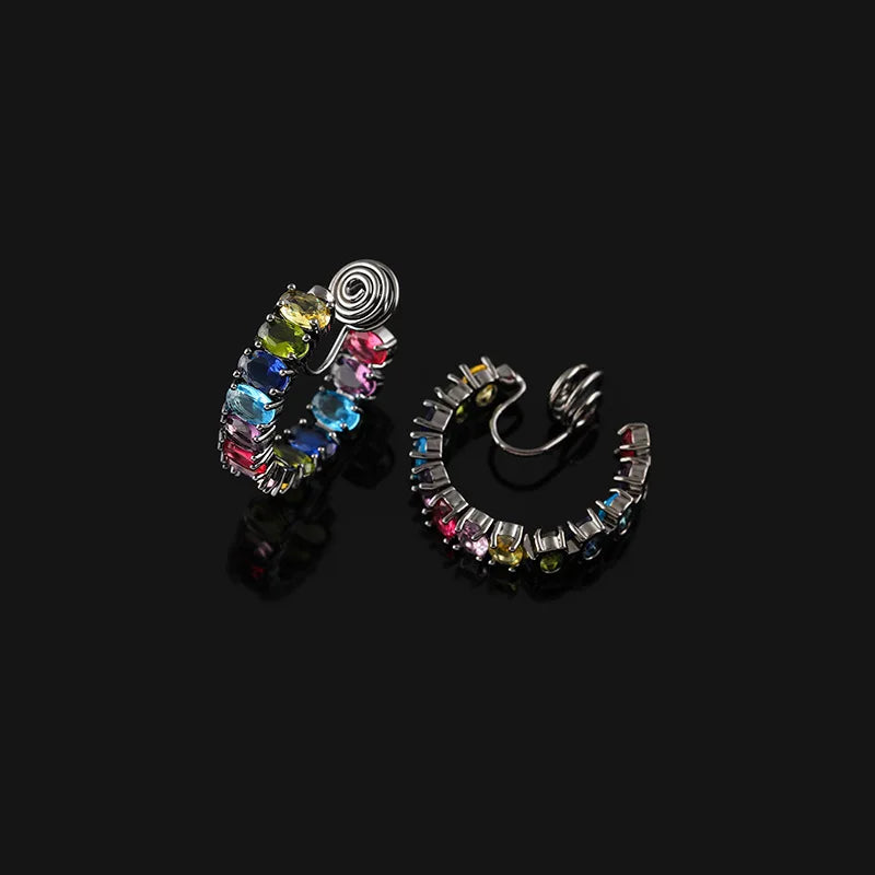 Vintage Rainbow Zircon Hoop Stud & Clip On No Piercing Spiral Alloy Ear Cuff Luxury Earrings
