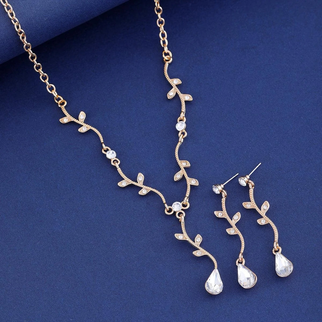 Elegant Silver Branch Leaf Zircon Crystal Teardrop Earrings And Necklace Jewelry Set For Wedding Party Gift