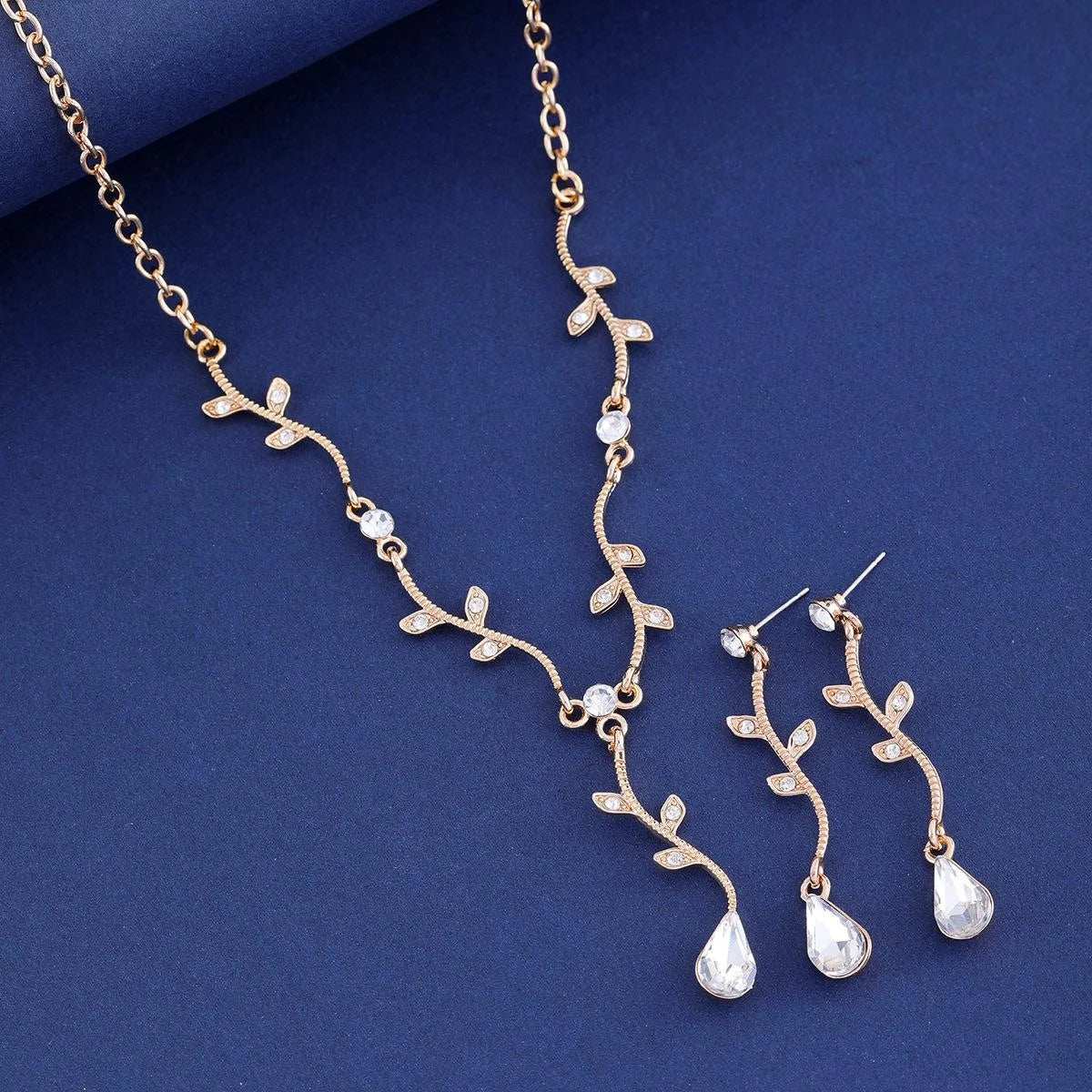 Elegant Silver Branch Leaf Zircon Crystal Teardrop Earrings And Necklace Jewelry Set For Wedding Party Gift
