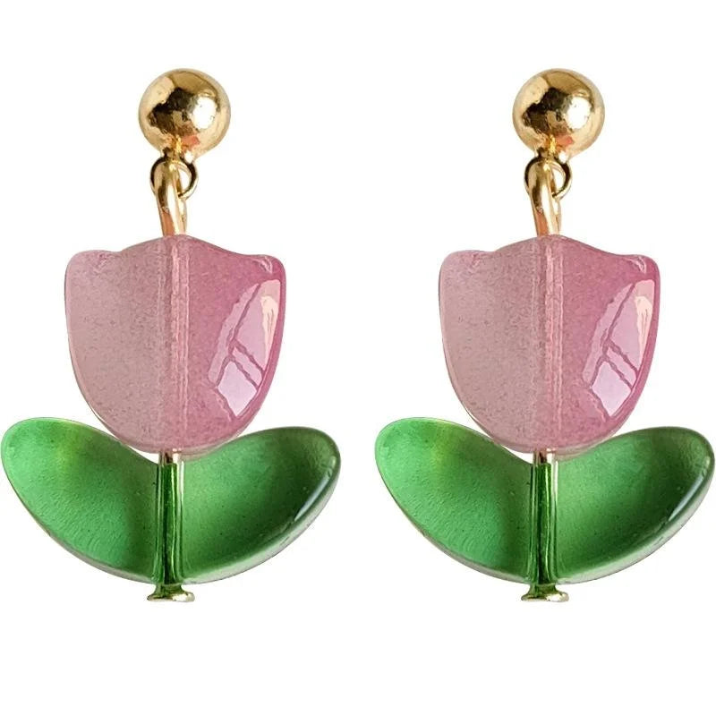Fresh Forest Style Handmade Glass Glaze Tulip Stud Earrings With Silver Plated Pins