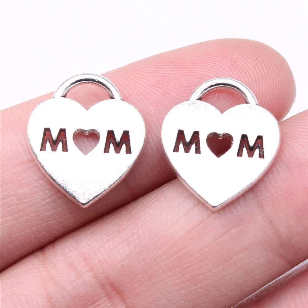 17x15mm 1.71g Antique Silver Zinc Alloy Mom Heart Charm Pendant for DIY Mother's Day Jewelry Making