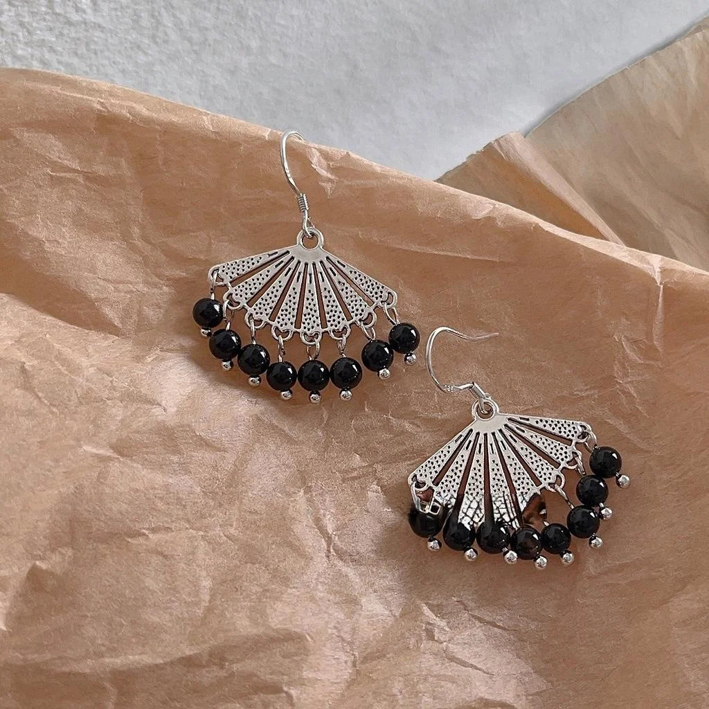 Ethnic Fan Tassel Drop Earrings Black Handmade Copper Silver Plated Elegant Geometric Jewelry