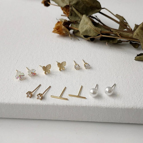 3 Piece 14K Gold Plated Copper Mini Flower Insect Geometric Stud Earrings