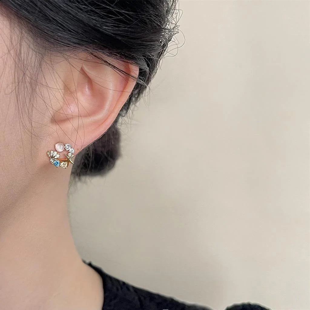 14K Gold Plated Copper Starfish Stud Earrings With Zircon And Cat Eye Stone, Unique Designer Jewelry