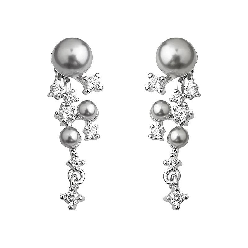 Light Luxury Copper Micro Pave Zircon Long Tassel Drop Earrings With Gray Pearl