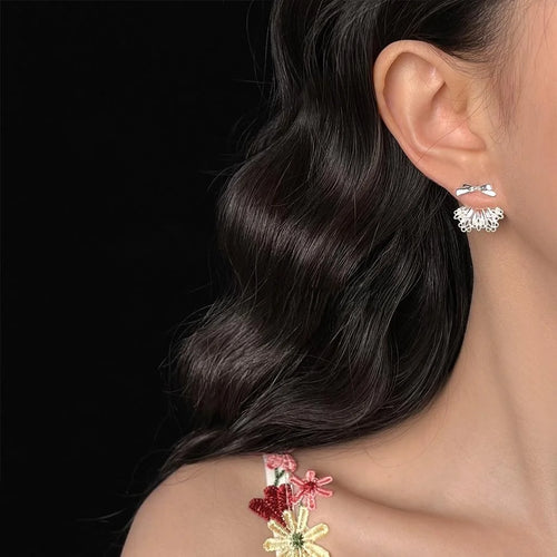 Sweet Korean Silver Bow Copper Drop Earrings 2 Way Ballet Girl Light Luxury Stud Earrings