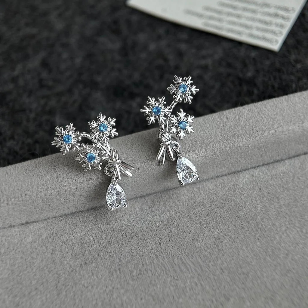 Original Snowflake Aquamarine Zircon Copper Drop Earrings Designer Floral Geometric Style