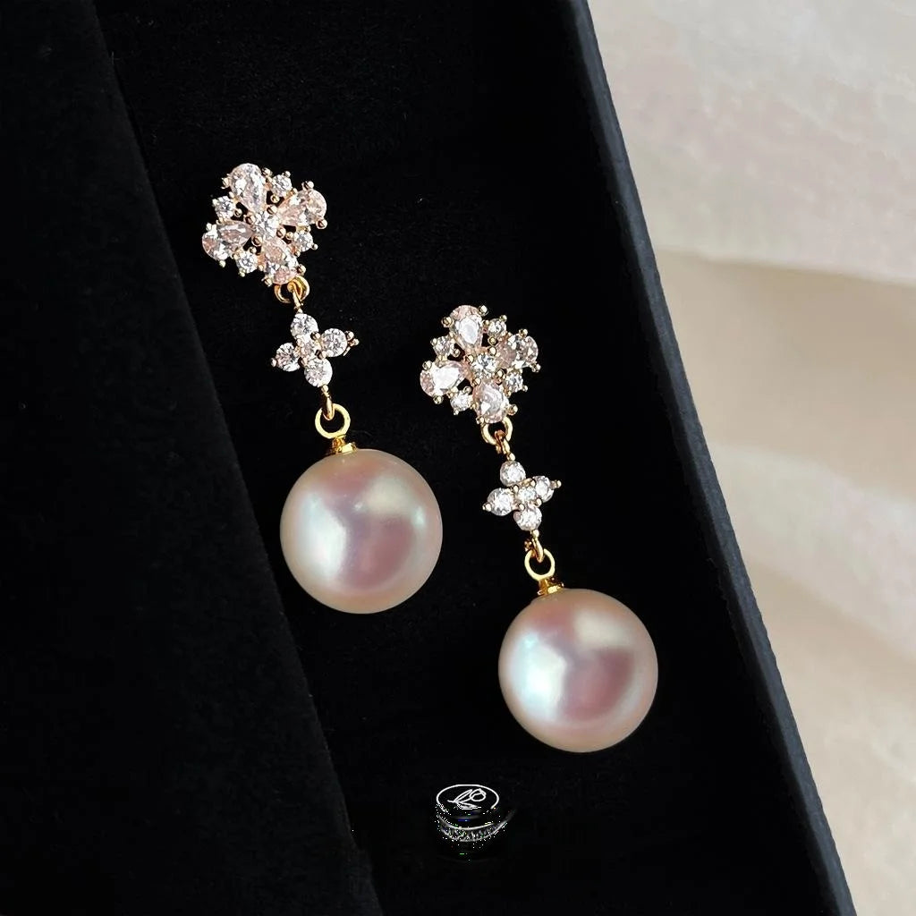 14K Plated Copper Pearl Drop Earrings With Micro Pave Zircon Floral Petal Luxury Design