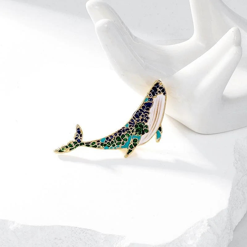 Cute Enamel Whale Brooch With Rhinestone Accents, Elegant Ocean Animal Lapel Pin Corsage Gift
