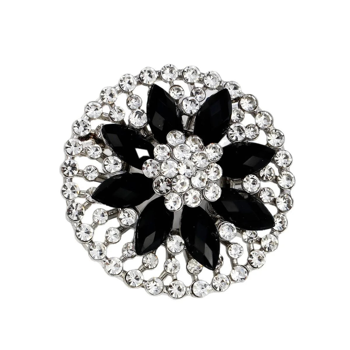 Elegant Black Flower Rhinestone Alloy Brooch, Sparkling Round Lapel Pin Corsage For Suit Accessory Gift